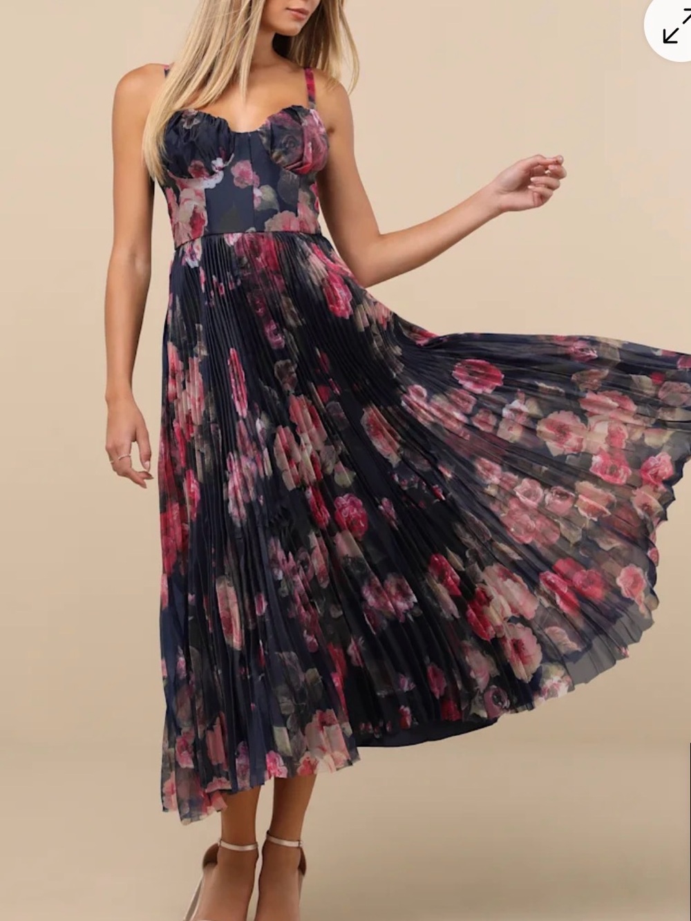 NWT Lulus Midnight Blue Floral Pleated Bustier Midi Dress